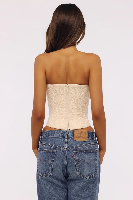 Larra Vintage ivoorkleurige strapless kanten korsetten-top