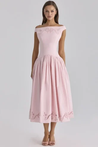 Lauren Roze katoenen maxi-jurk met Engelse borduursels en boothals