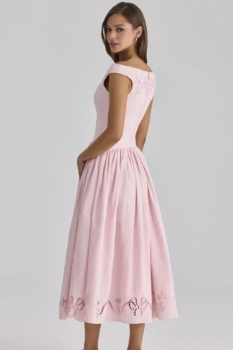 Lauren Roze katoenen maxi-jurk met Engelse borduursels en boothals