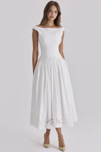 Lauren witte katoenen maxi-jurk met broderie anglaise en boothals
