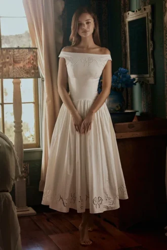 Lauren witte katoenen maxi-jurk met broderie anglaise en boothals