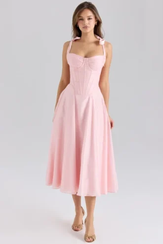 Leia Roze Chiffon Midi-jurk met strikbandjes