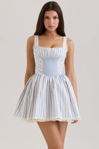 Liesl blauw gestreepte mini-jurk met plooitjes