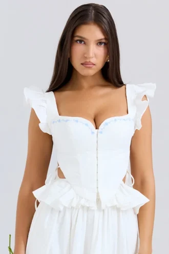 Lilibet Witte geborduurde katoenen peplum-korsettentop