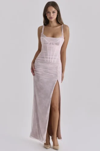 Lini Babyroze kanten mesh maxi-jurk