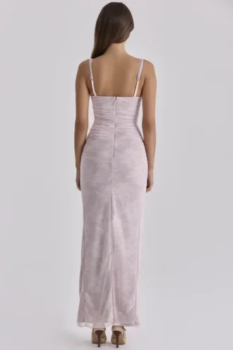 Lini Babyroze kanten mesh maxi-jurk