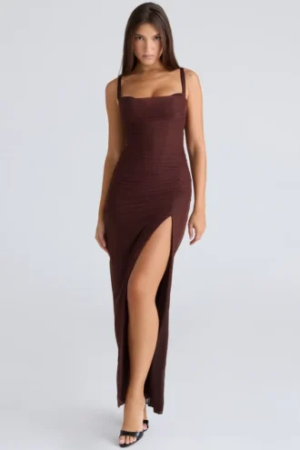 Lini bordeauxrode stretch mesh maxi-jurk