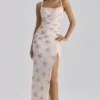 Lini ivoorkleurige maxi-jurk van stretch mesh met Sweet Peony-print