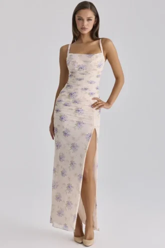 Lini ivoorkleurige maxi-jurk van stretch mesh met Sweet Peony-print
