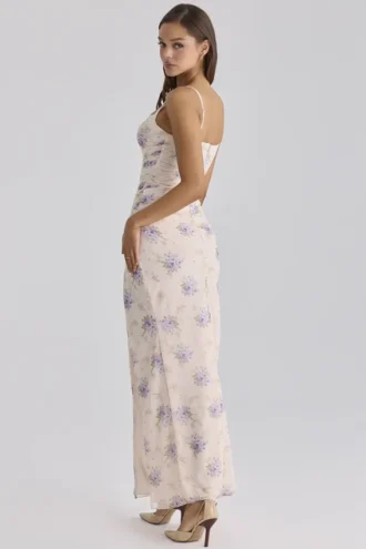 Lini ivoorkleurige maxi-jurk van stretch mesh met Sweet Peony-print