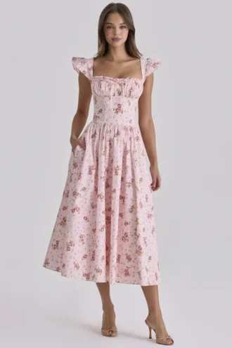 Livia Roze Vintage Rozen Katoenen Midi-Zomerjurk