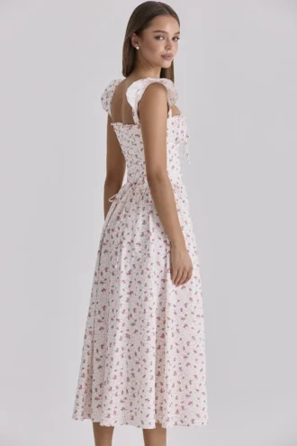 Livia witte katoenen midi-zomerjurk met rozenprint