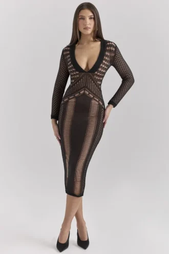 Loula zwarte midi-jurk met diep decolleté