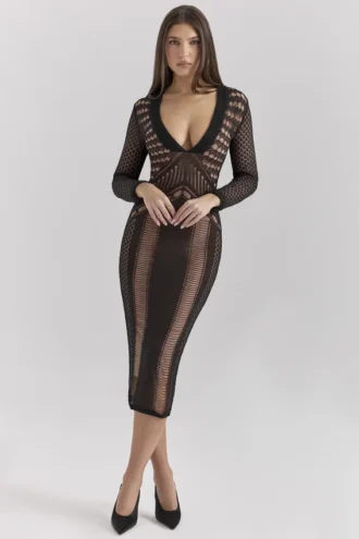 Loula zwarte midi-jurk met diep decolleté