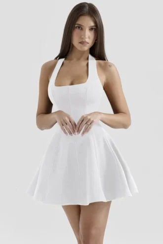 Loulette witte mini-jurk met halternek en strikken