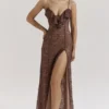 Lucianna Espresso kanten maxi-jurk