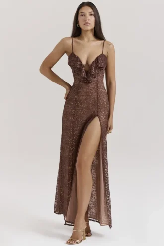 Lucianna Espresso kanten maxi-jurk