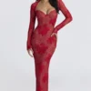 Lucienne rode maxi-jurk met kanten borduursels – Limited Edition