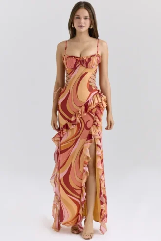 Lumira Sunset Swirl Print Ruffle Cut Out Maxi-jurk