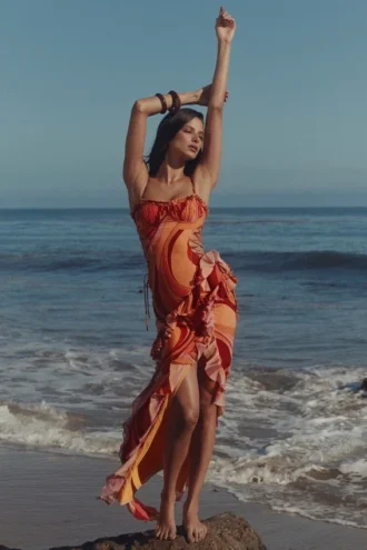 Lumira Sunset Swirl Print Ruffle Cut Out Maxi-jurk