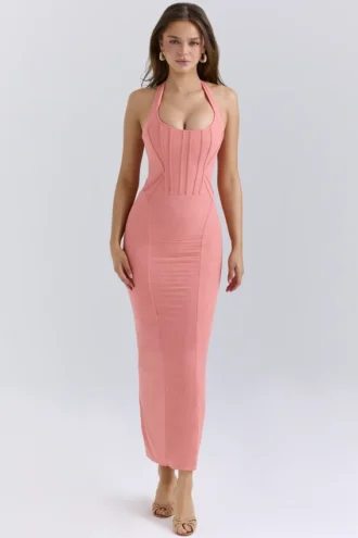 Lusilla koraalkleurige stretch mesh halternek midi-jurk