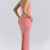 Lusilla koraalkleurige stretch mesh halternek midi-jurk