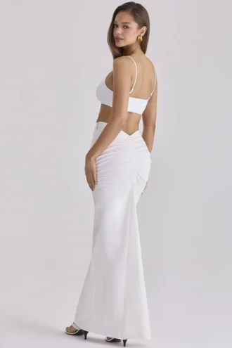 Lyra witte katoenen maxi-rok met V-rug en drapering