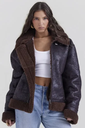 Madden bruin veganistisch shearling pilotenjas