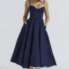 Mademoiselle marineblauwe satijnen tule midi-jurk