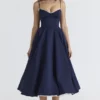Mademoiselle marineblauwe satijnen tule midi-jurk