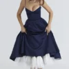 Mademoiselle marineblauwe satijnen tule midi-jurk