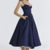Mademoiselle marineblauwe satijnen tule midi-jurk