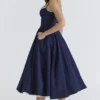 Mademoiselle marineblauwe satijnen tule midi-jurk