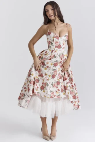 Mademoiselle midi-jurk van tule met Italiaanse rozenprint