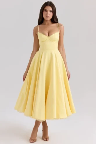Mademoiselle Sunshine Yellow Satin Tulle Midi Jurk