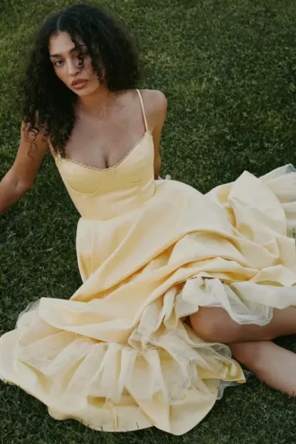 Mademoiselle Sunshine Yellow Satin Tulle Midi Jurk