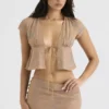 Maia Shimmer Cafe Au Lait Top met strik aan de voorkant