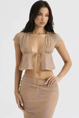 Maia Shimmer Cafe Au Lait Top met strik aan de voorkant