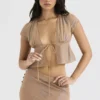 Maia Shimmer Cafe Au Lait Top met strik aan de voorkant
