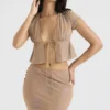 Maia Shimmer Cafe Au Lait Top met strik aan de voorkant
