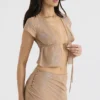 Maia Shimmer Cafe Au Lait Top met strik aan de voorkant