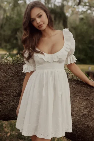 Maisie witte broderie anglaise Regency babydoll mini-jurk