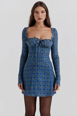Malika blauwe tartan mini-korsetjurk