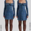 Malika blauwe tartan mini-korsetjurk