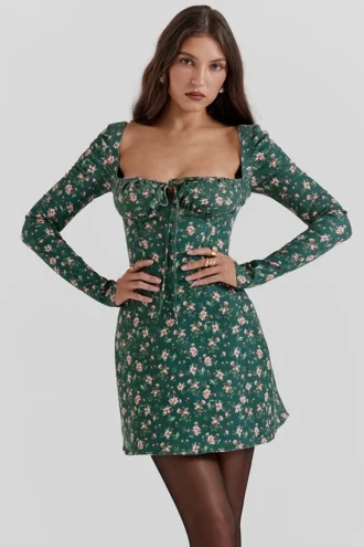 Malika groene mini-jurk met bloemenprint en korset