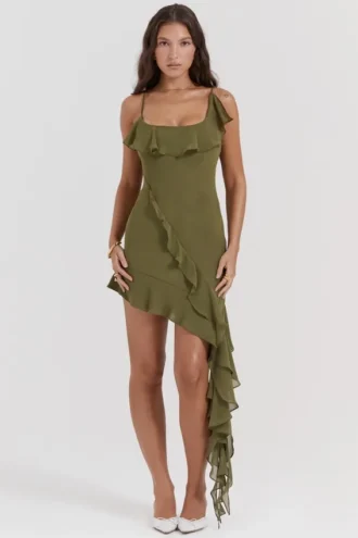 Marcia Olive mini-jurk met ruches