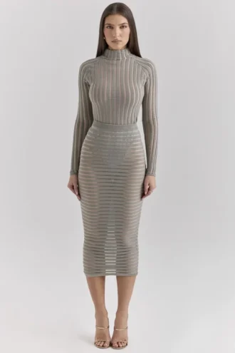 Margo grijze velours doorschijnende gestreepte midirok