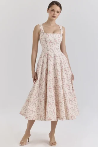 Mariabella crèmekleurige midi-jurk met bloemenprint