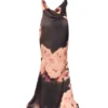Mariamma donkerbruine maxi-jurk van satijn met bloemenprint