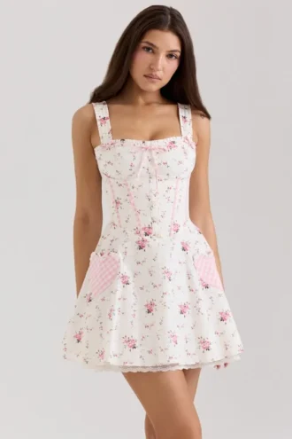Marianella crèmekleurige mini-jurk van stretchkatoen met rozenprint